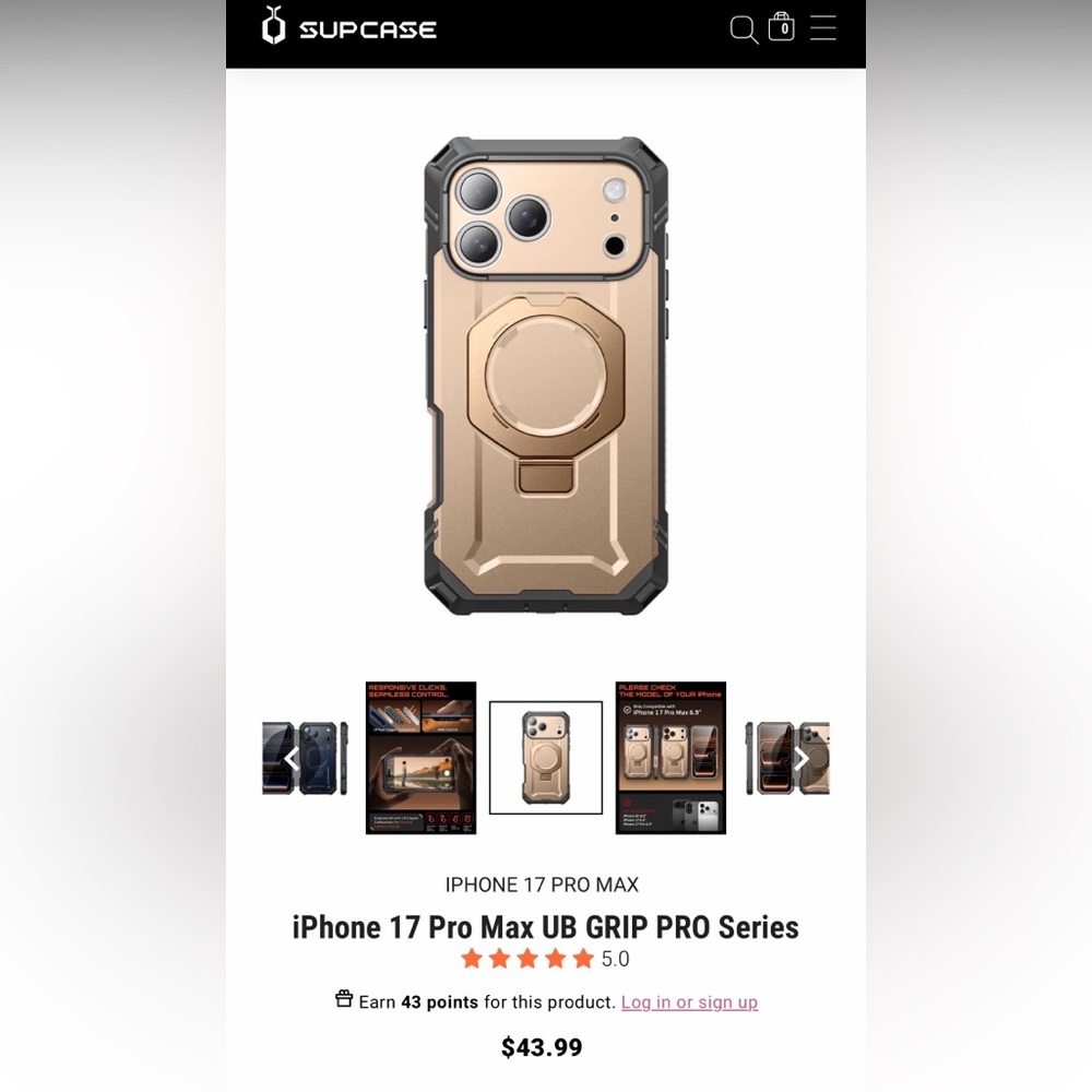 SUPCASE UB Grip Pro iPhone 17 Pro Max Case – Gold/Tan w/ Ring Stand – Like New